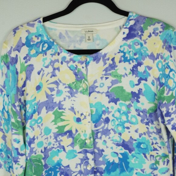 LL Bean‎ Floral Cardigan Sweater Pastel Blue Purple Yellow Green Size Medium - Picture 5 of 8